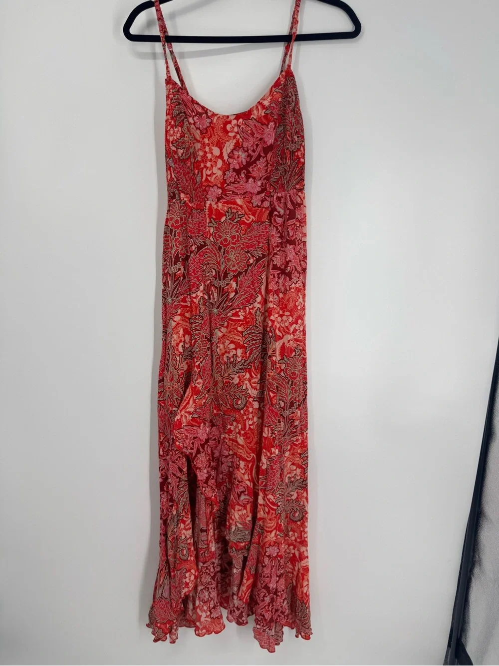 Free People Forever Yours Smocked Slip Dress Red Floral Asymmetrical Resort XS